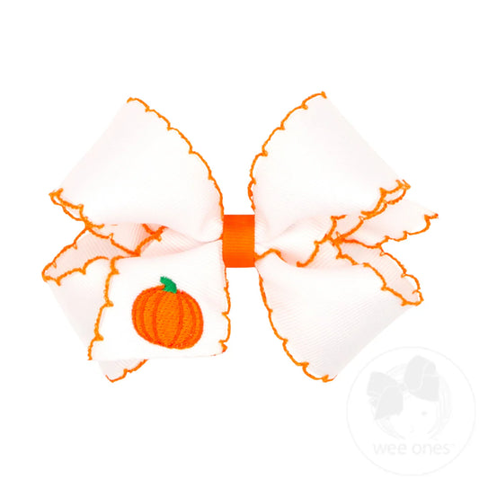 MEDIUM GROSGRAIN BOW W/MOONSTITCH AND HARVEST EMBROIDERY - PUMPKIN