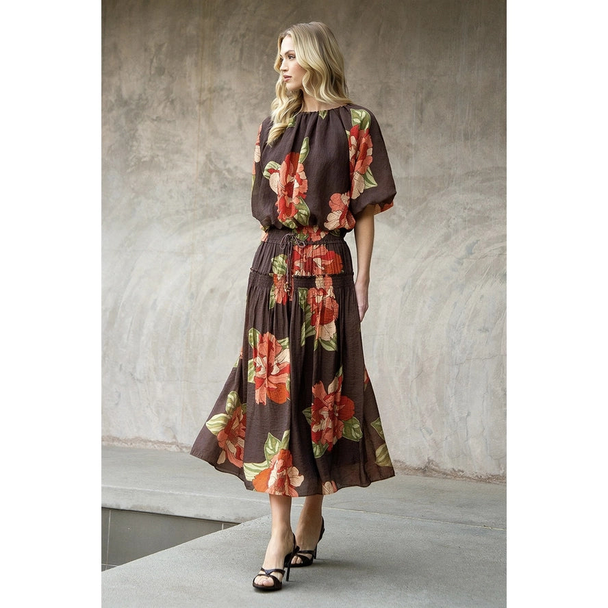 FLORAL PRINT SKIRT WITH VELVET TIE WAIST - BROWN