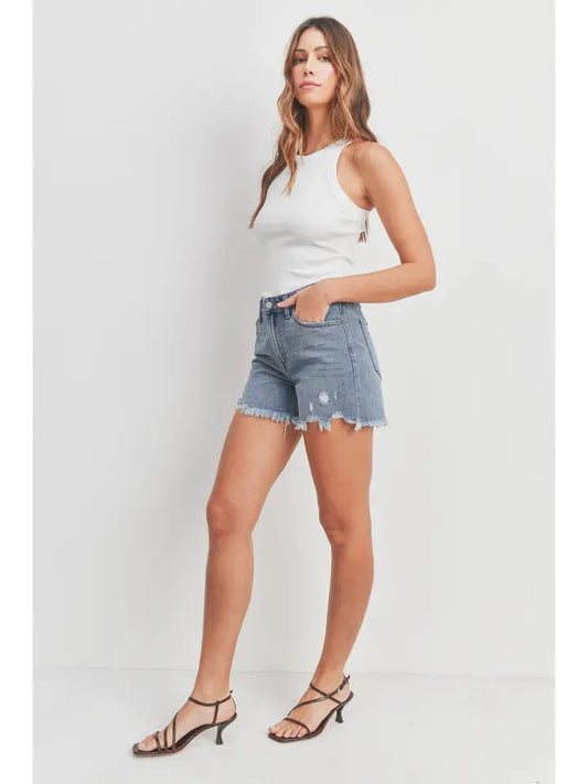 HIGH RISE HEM DETAIL SHORT - MEDIUM WASH