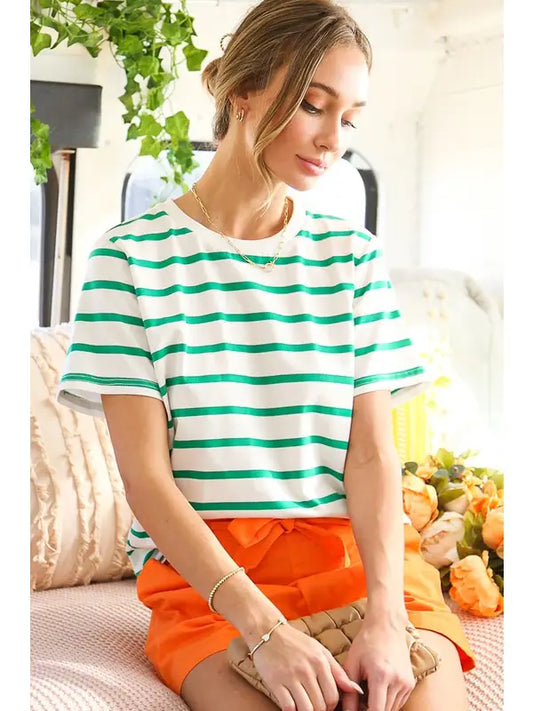 CREW NECK SHORT-SLEEVE STRIPED PRINT KNIT TOP - GREEN