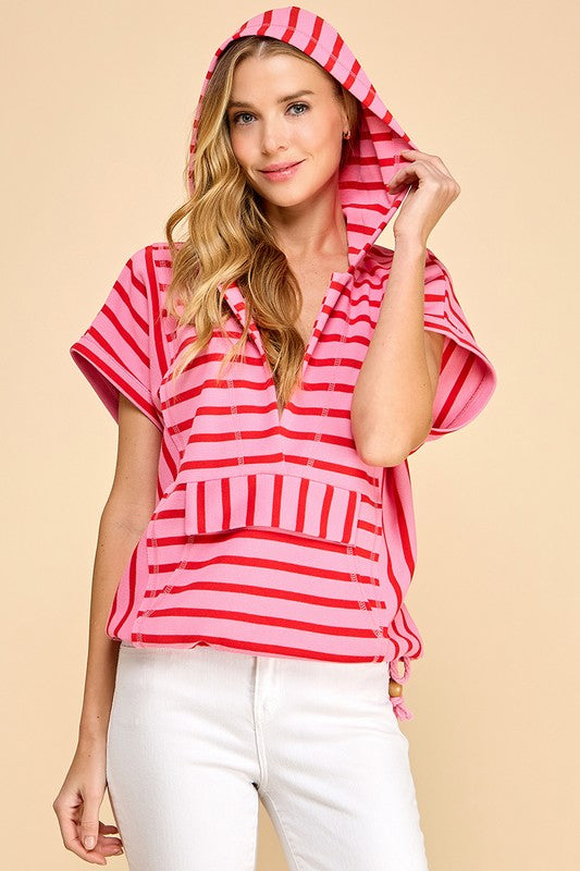 STRIPED HOODED TOP - PINK/RED