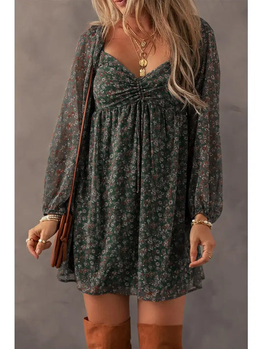 BOHO FLORAL SWEETHEART NECK MINI DRESS