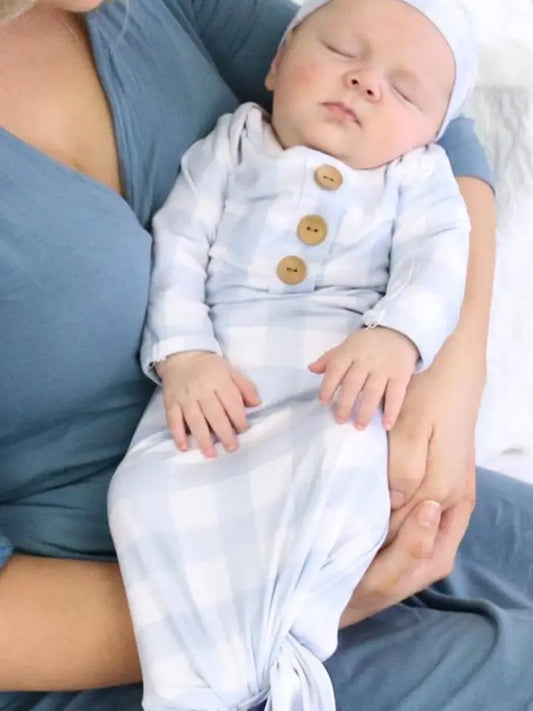BABY KNOT GOWN & KNOT HAT SET - DUSTY BLUE GINGHAM