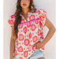 GRACE FLORAL RUFFLED SLEEVE SPLIT NECK  LOOSE BLOUSE