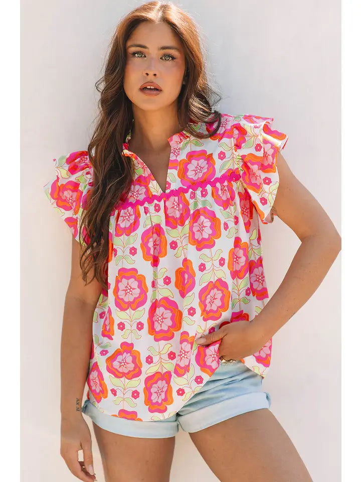 GRACE FLORAL RUFFLED SLEEVE SPLIT NECK  LOOSE BLOUSE