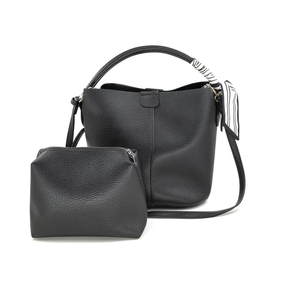LEATHER BUCKET HAND BAG - BLACK