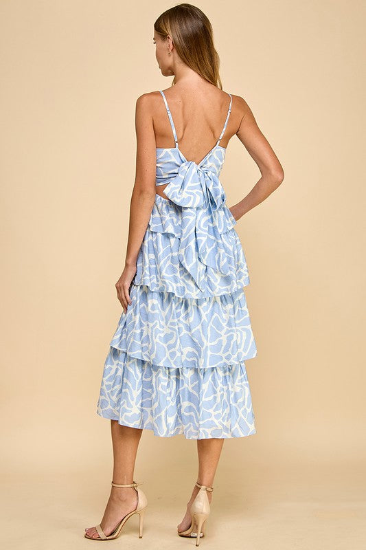 ANIMAL PRINT TIERED RUFFLED SKIRT DRESS - BLUE