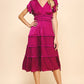 V NECK TIERED MIDI DRESS - BERRY