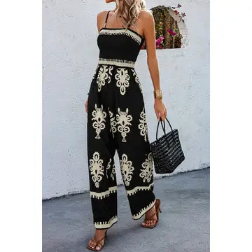 GEO PRINT OFF SHOULDER HIGH WAIST FIT JUMPSUIT
