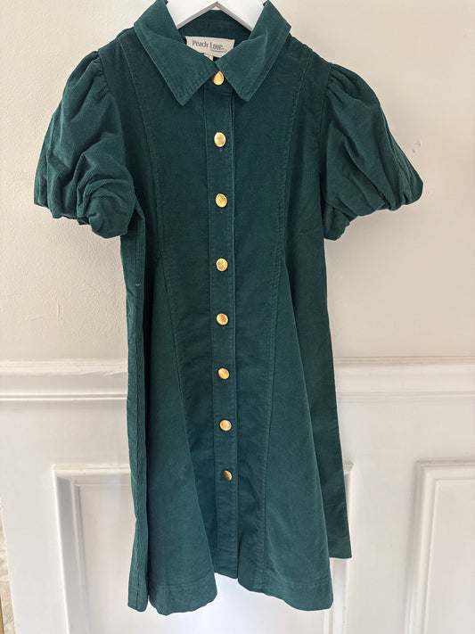 TWEEN CORDUROY PUFF SHORT SLEEVE FLARE SHIRT DRESS - TEAL