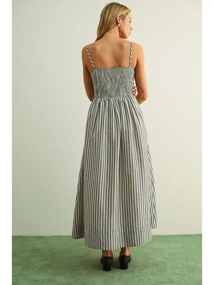 STRIPED FABRIC WITH SMOCKING TOP MAXI DRESS - BLACK