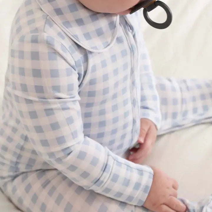 PETER PAN COLLAR ZIPPER FOOTIE - DUSTY BLUE GINGHAM