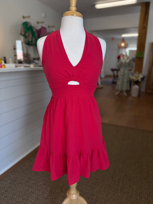 RED TEXTURED COTTON HALTER DRESS