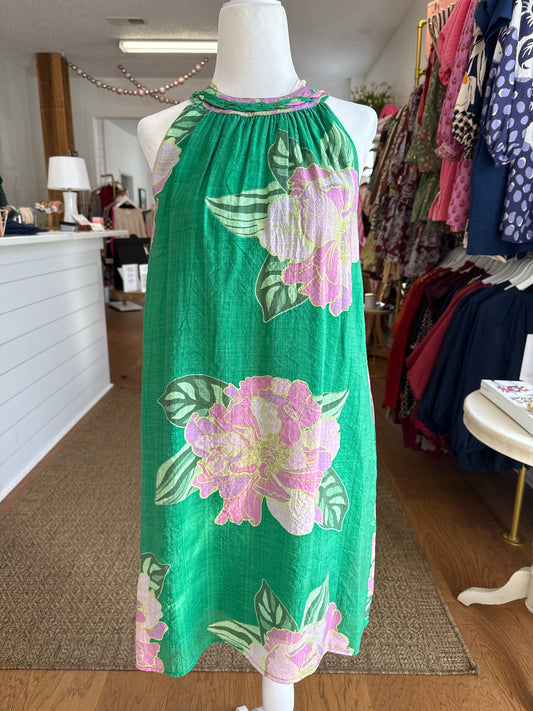 FLORAL PRINT HALETR DRESS - GREEN