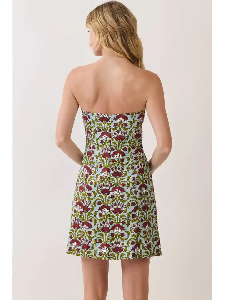 FLORAL PRINT STRAPLESS A LINE MINI DRESS - BURGUNDY