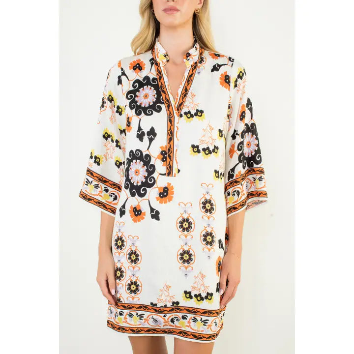 FLORAL BORDER PRINT SPLIT NECK TUNIC DRESS - WHITE