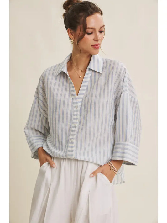 PERFECT TRANSITIONAL STRIPE BUTTON DOWN SHIRT WITH WIDE SLEEVES - DENIM BLUE