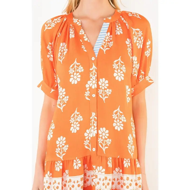 SHORT SLEEVE BUTTON UP FLORAL PATTERN DRESS - ORANGE