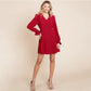 LONG SLEEVE V NECK BUTTON DOWN DRESS - DARK RED