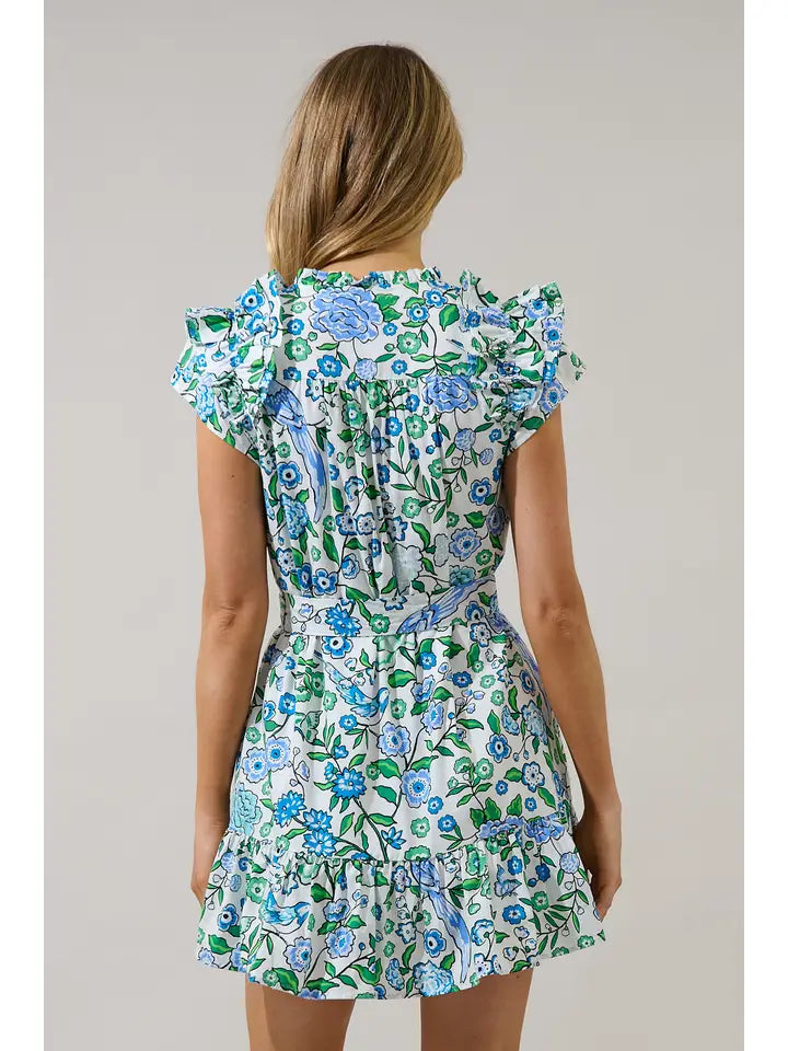 IVONA  RUFFLE MINI DRESS GIANNE FLORAL - BLUE