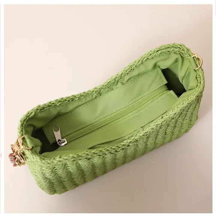 STRAW SHOULDER BEACH BAG - GREEN
