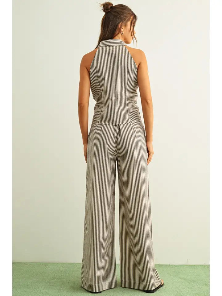 STRIPED PATTERN WIDE LEG TROUSER - BROWN