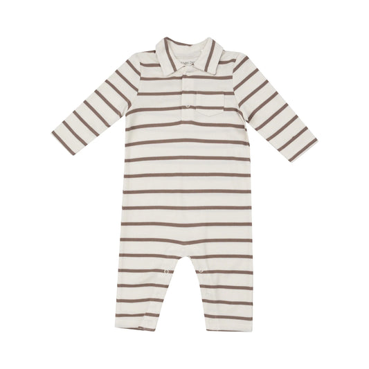 RIBBED POLO ROMPER - BROWN STRIPE