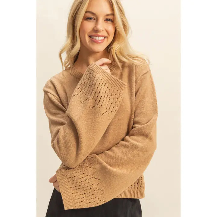 UNIQUE EYELET DETAILED LONG SLEEVE SWEATER - BLACK