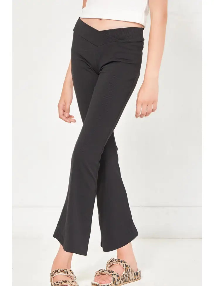 CROSSOVER WAIST RIBBED FLARE PANTS - BLACK