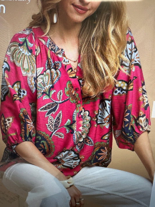 BOHO PAISLEY PUFF SLEEVE BLOUSE - PINK