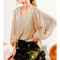 V NECK BALLOON SLEEVE SEQUIN TOP - GOLD
