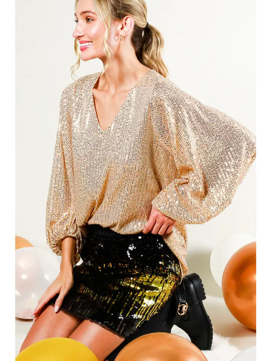 V NECK BALLOON SLEEVE SEQUIN TOP - GOLD