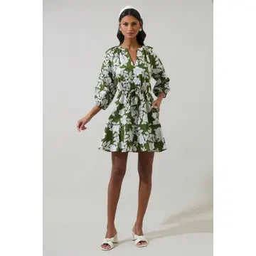 HAIZLEY FLORAL DABRIA SPLIT NECK MINI DRESS - CREAM/GREEN