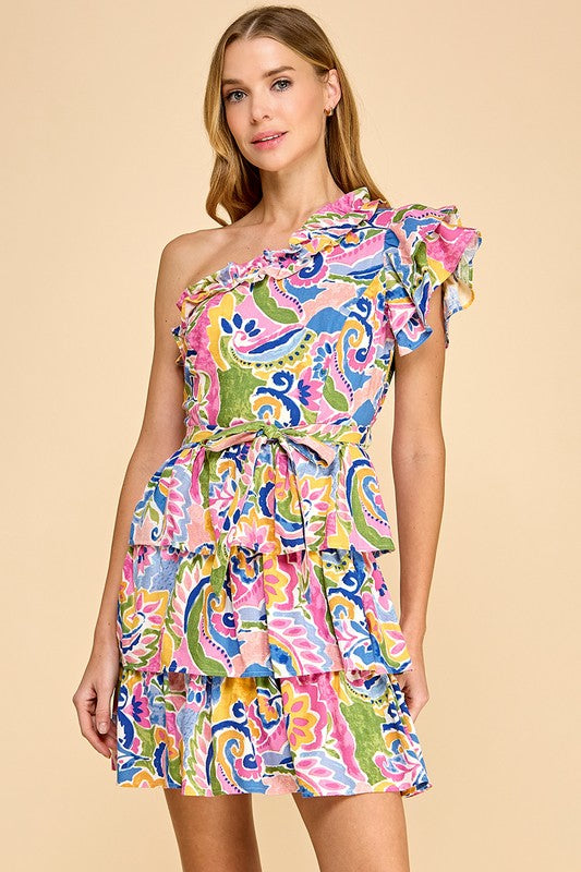 ONE SHOULDER MINI DRESS - MULTI