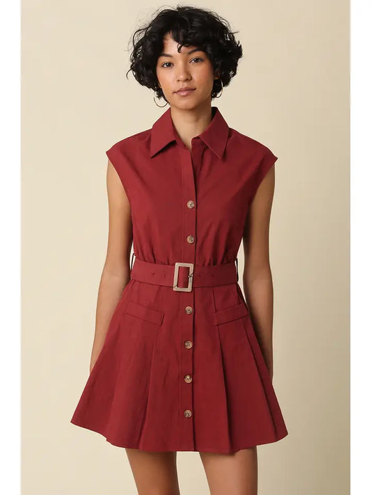 DONNA BELTED SLEEVELESS SHIRT DRESS - BURGUNDY