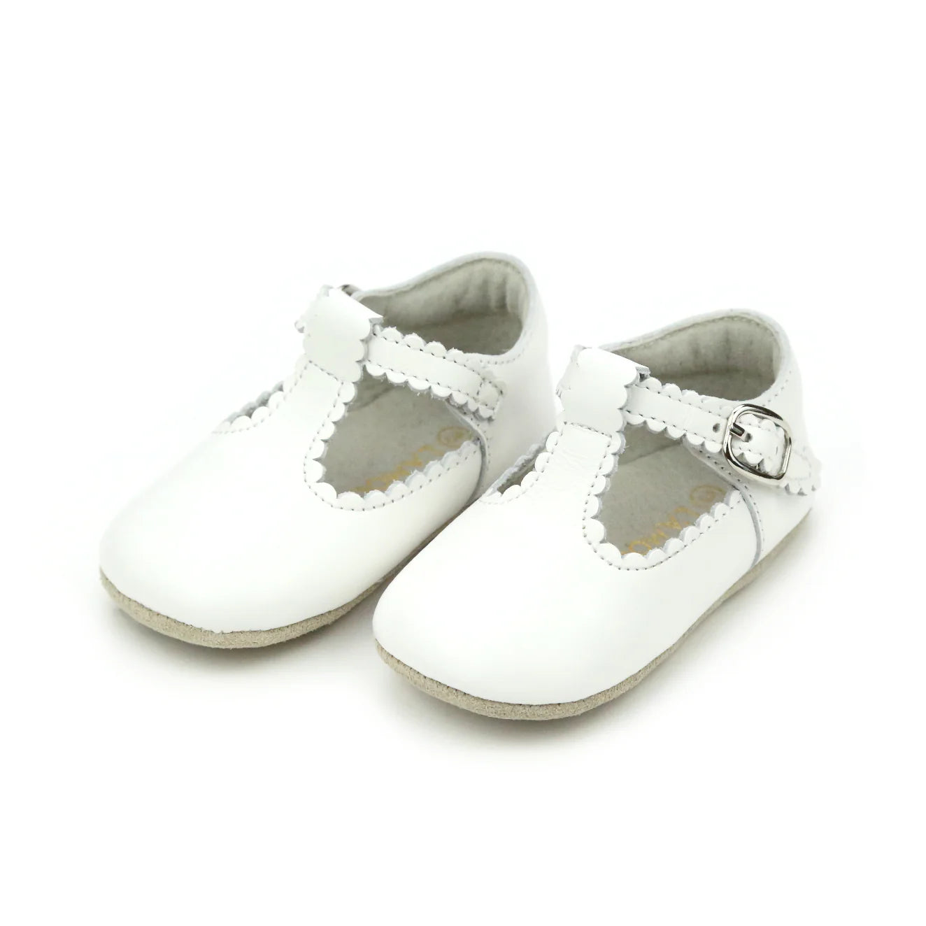 ELODIE SCALLOPED T-STRAP MARY JANE CRIB SHOE - WHITE