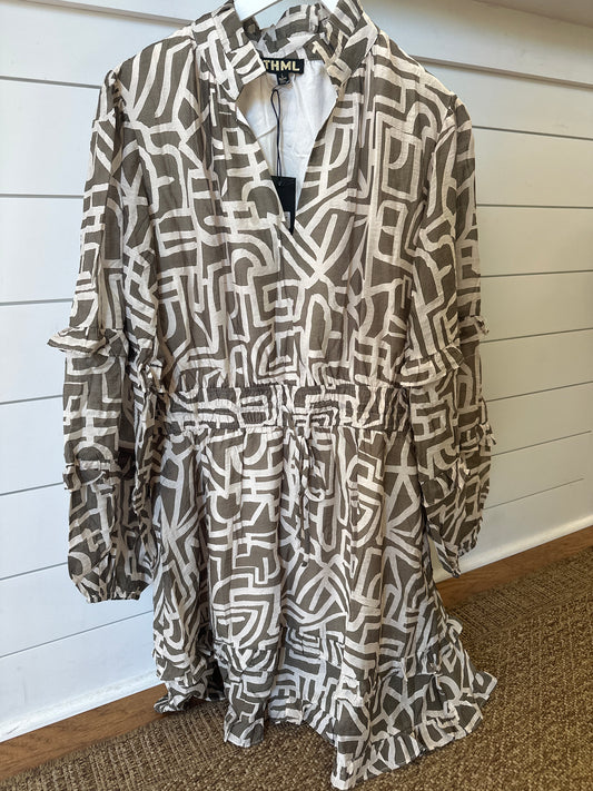 LONG SLEEVE SMOCKED WAIST DRESS - MOSS PATTERN