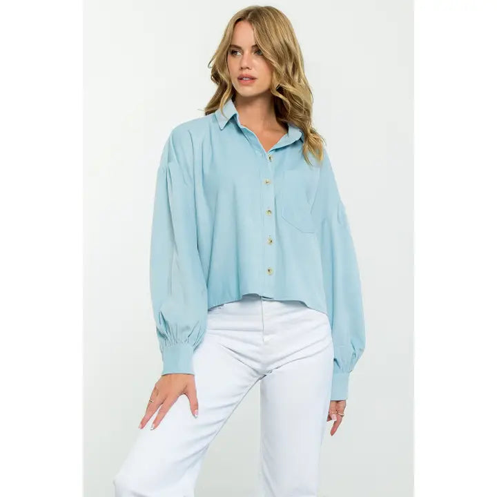 BUTTON UP CORDUROY JACKET - BLUE