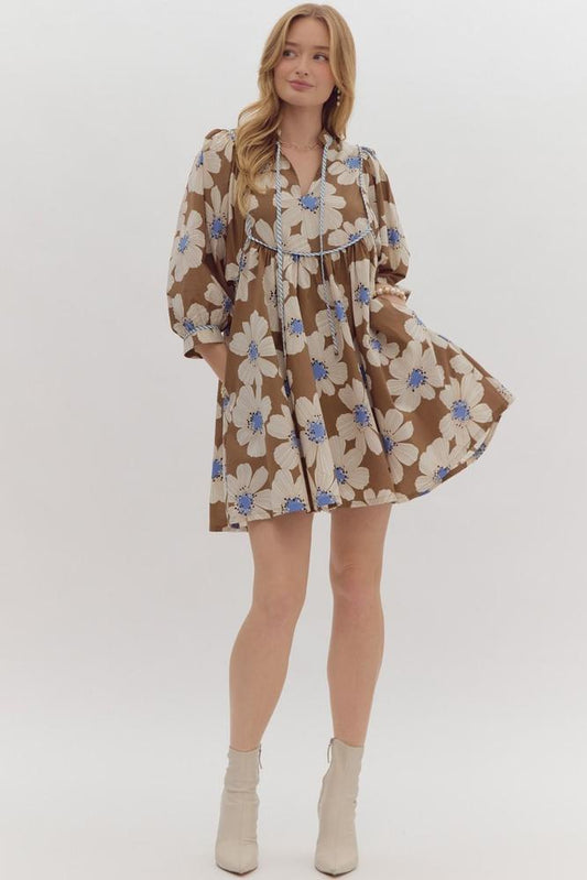 FLORAL MINI DRESS - BROWN