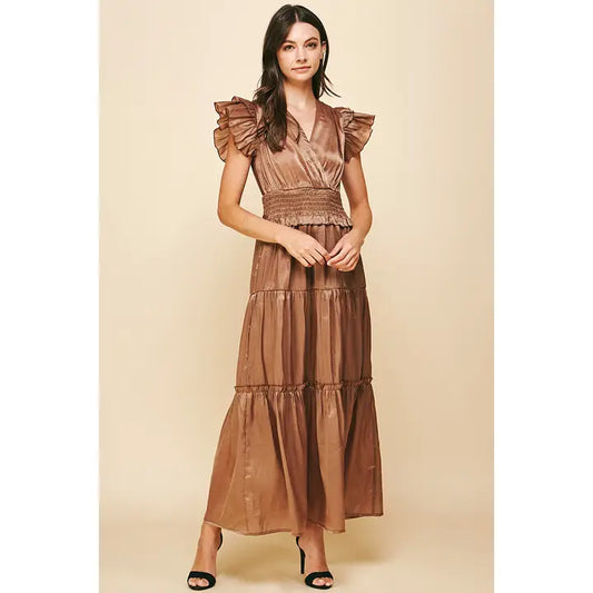 SATIN TIERED MAXI DRESS - MOCHA