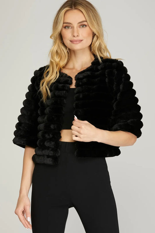 HALF SLEEVE FAUX FUR CROP JACKET - BLACK