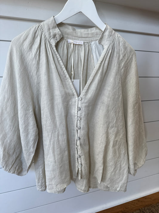 LINEN BALLOON SLEEVE V-NECK BLOUSE  - BEIGE