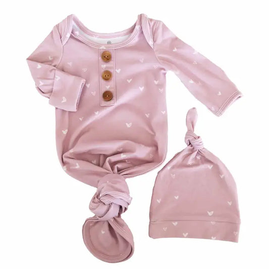 TINY HEARTS IN DUSTY PINK NEWBORN BABY KNOT GOWN & HAT SET