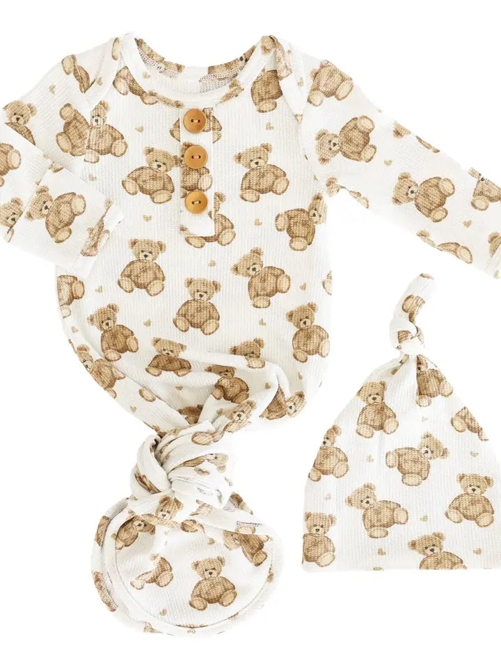 BAMBOO WAFFLE NEWBORN BABY KNOT GOWN & HAT SET BEARY SWEET