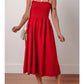 TEXTURED SHIRRED RUFFLED TRIM MIDI DRESS - RED