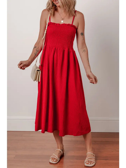 TEXTURED SHIRRED RUFFLED TRIM MIDI DRESS - RED