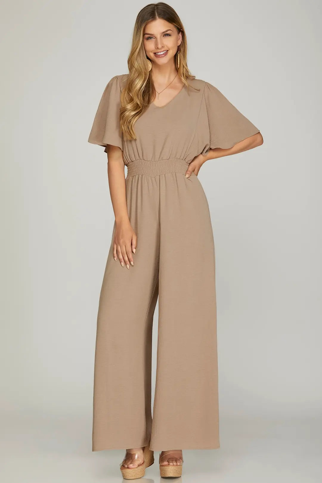 FLOUNCE SLEEVE SMOCK WAIST WIDE LEG WOVEN JUMPSUIT - LT.MOCHA