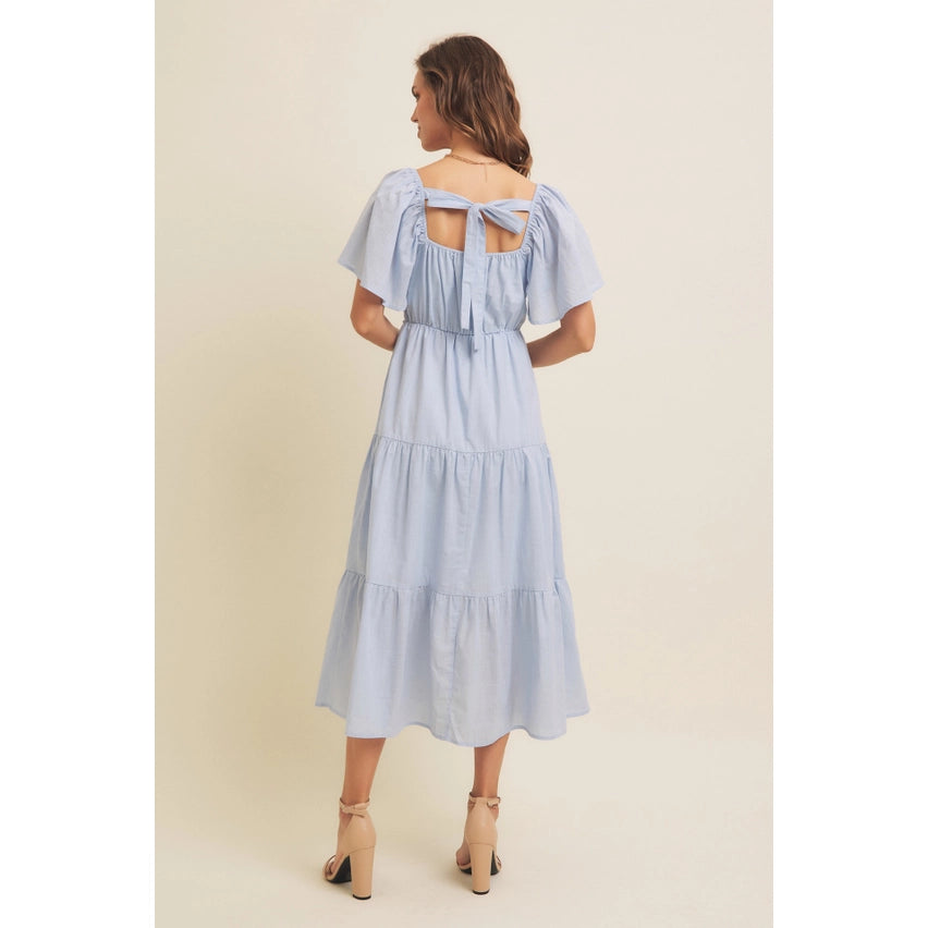 TIERED FLORAL MIDI DRESS - PASTEL BLUE