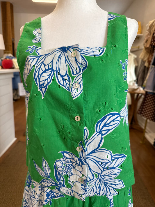 FLORAL  BUTTON DOWN SLEEVELESS TOP - GREEN
