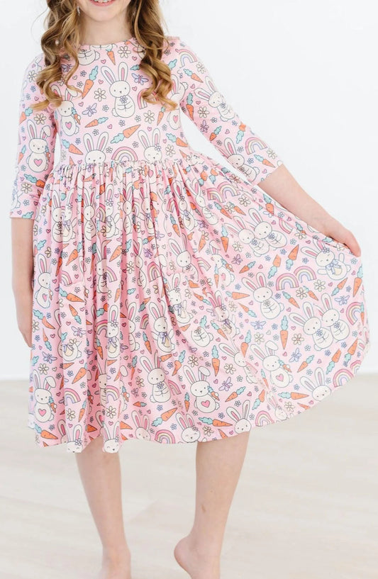 SPRINGTIME BUNNIES 3/4 SLEEVE POCKET TWIRL DRESS